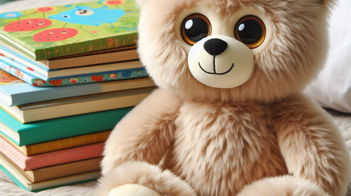 Friendly teddy bear next to a stack of books.