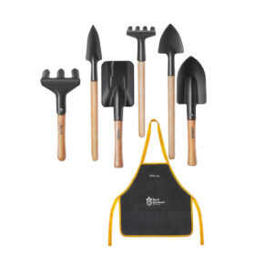 Collection of gardening tools including shovels, apron, cultivator, and hand rake.