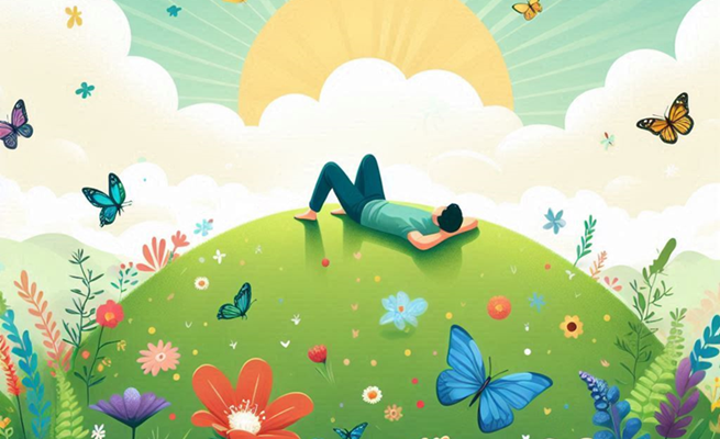 Person laying on a grassy hilltop with butterflies and sunshine