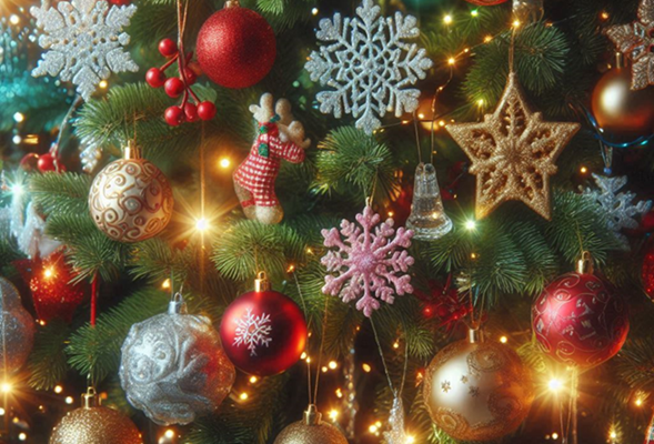 Assorted holiday ornaments.