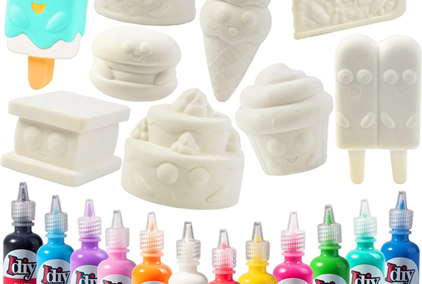 Collection of foam squishy toys and dye bottles