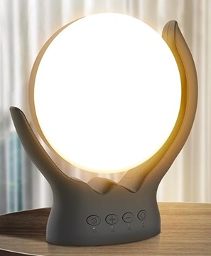 Sun lamp with black base lit on a table