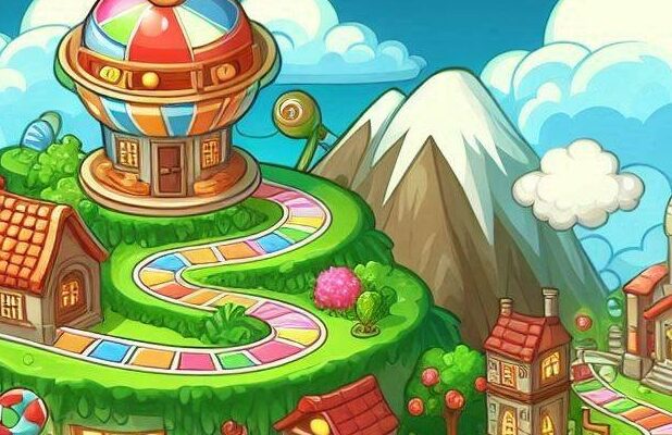 Cartoon depiction of a live action version of the board game candy land.