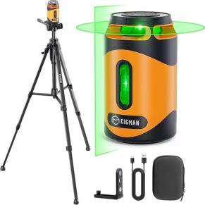 Product image of Cigman laser level, tripod, usb cable, and carrying case.