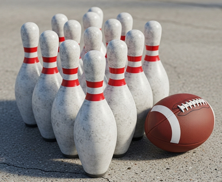 Bowling pins standing next to a football.