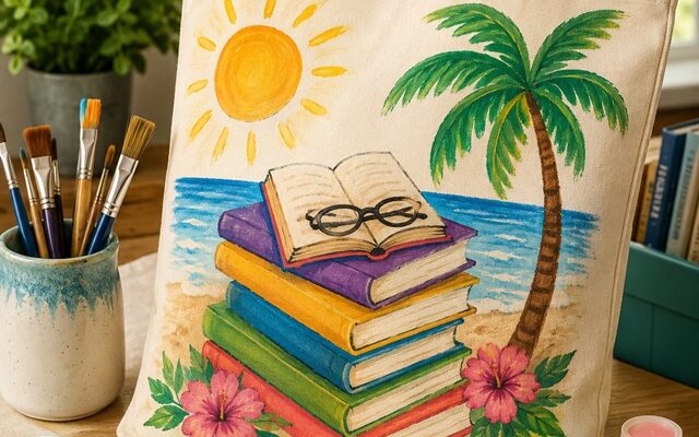 Example of a painting book tote bag. The bag is beige painted with bright colors of a beach scene.