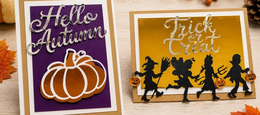 Fall themed 3d cards. One card says "Hello Autumn" with a pumpkin below. The other says "trick or treat" with 4 silhouettes of children in costumes.